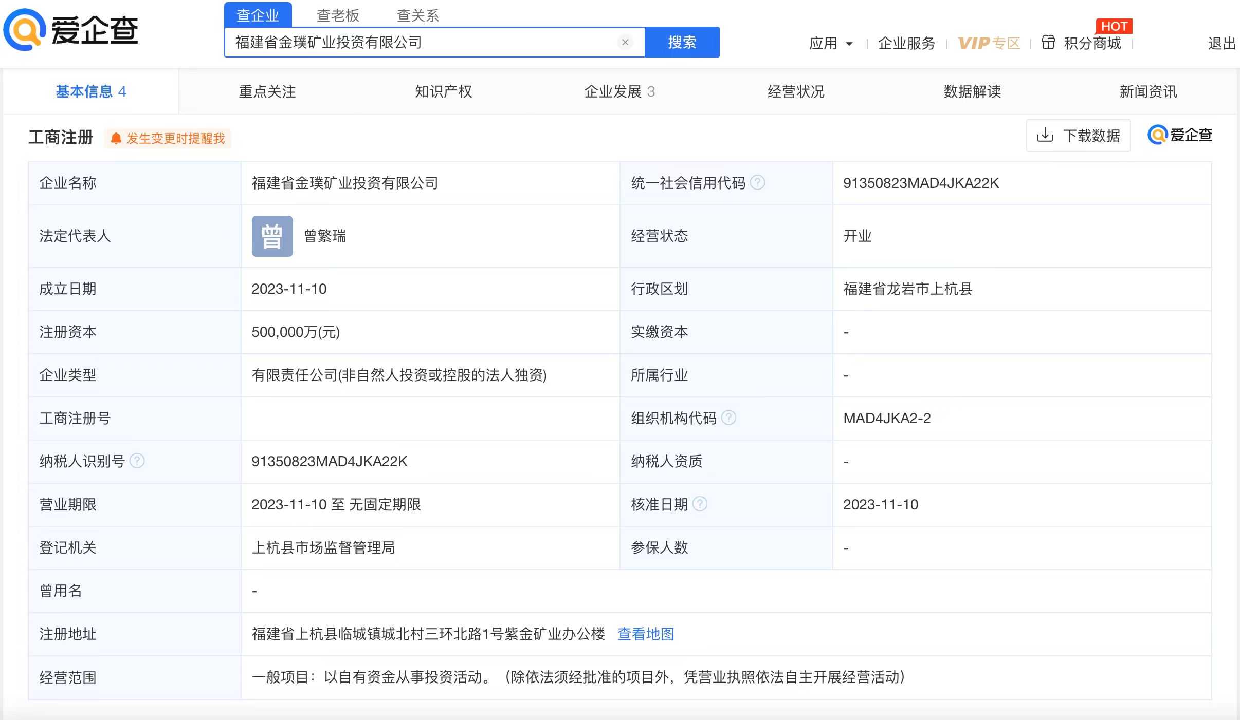 爱企查显示:紫金矿业在福建成立投资公司(图2)